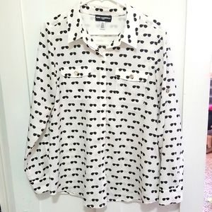 Cream button down blouse with sunglasses pattern